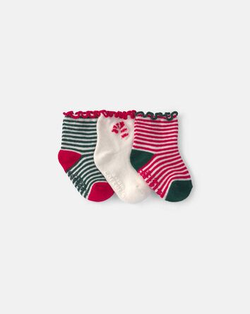 Baby Girl 3-Pack Candy Cane Striped Christmas No Show Socks, 