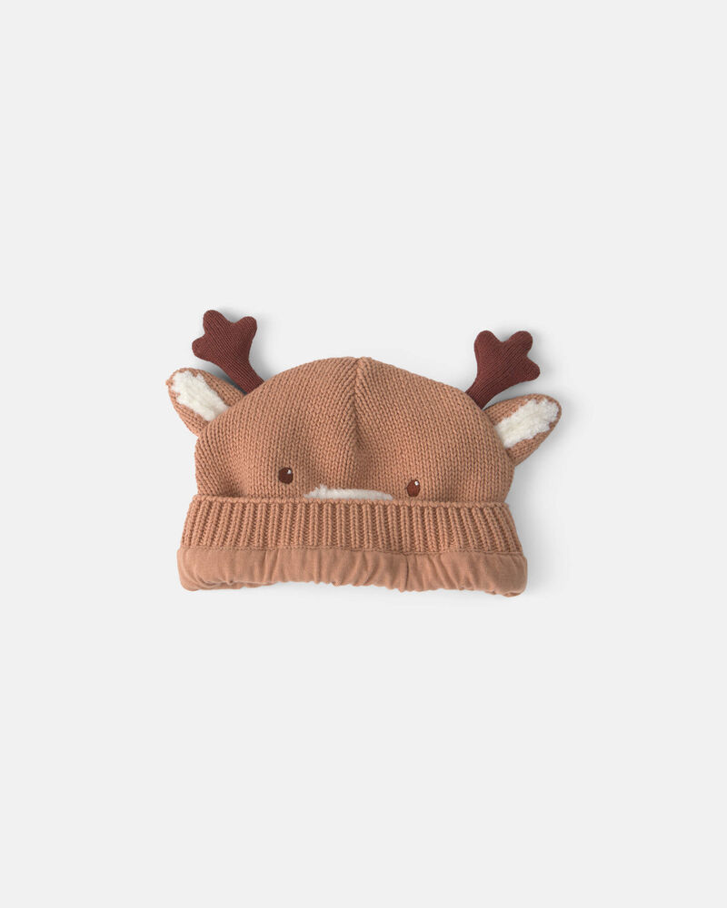 Baby Reindeer Christmas Knit Hat - Brown, image 2 of 3 slides