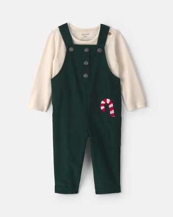 Baby Boy 2-Piece Candy Cane Corduroy Long-Sleeve Overall Set - Green/Cream, 