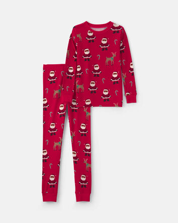 Kids 2-Piece Brown Santa Christmas 100% Cotton Snug Fit Pyjama Set - Red, 
