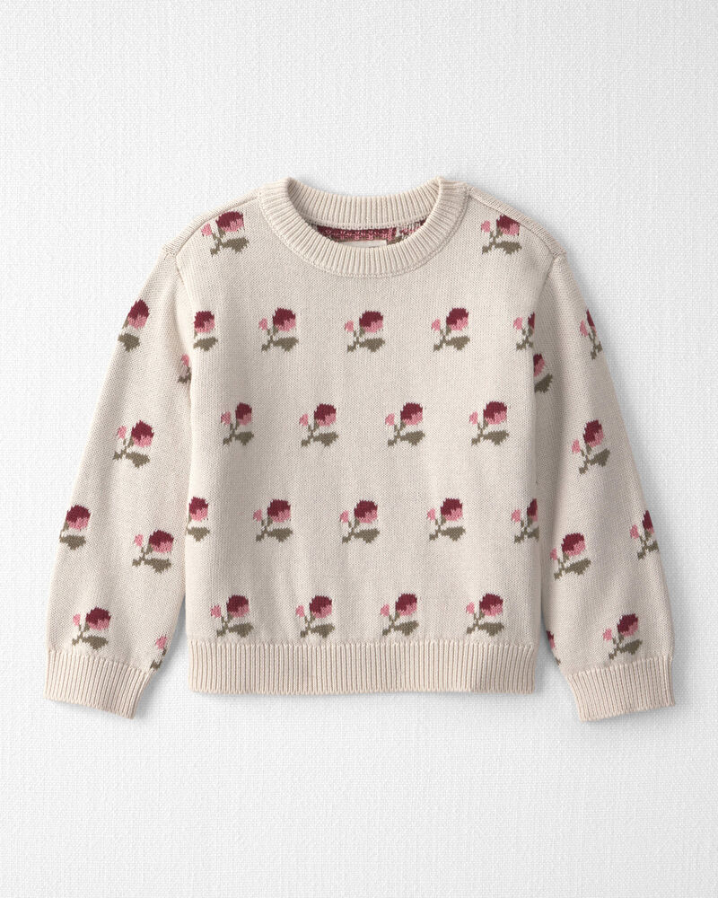 Toddler Girl Organic Cotton Sweater Knit Pullover in Floral Jacquard, image 1 of 4 slides