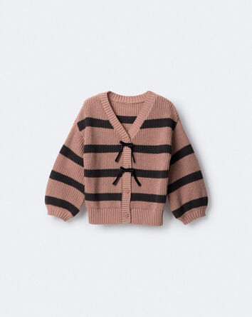 Toddler Girl Striped Puff-Sleeve Cardigan with Bows - Mocha Brown/Black, 