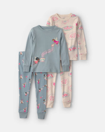 Toute-petit fille - Pyjama ajust&eacute; 4 pi&egrave;ces en 100 % coton &agrave; motif f&eacute;e- Bleu/Cr&egrave;me, 