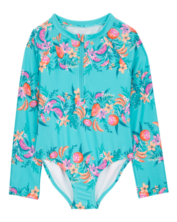 Kid 1-Piece Floral Print Rashguard Swimsuit-Turquoise, 