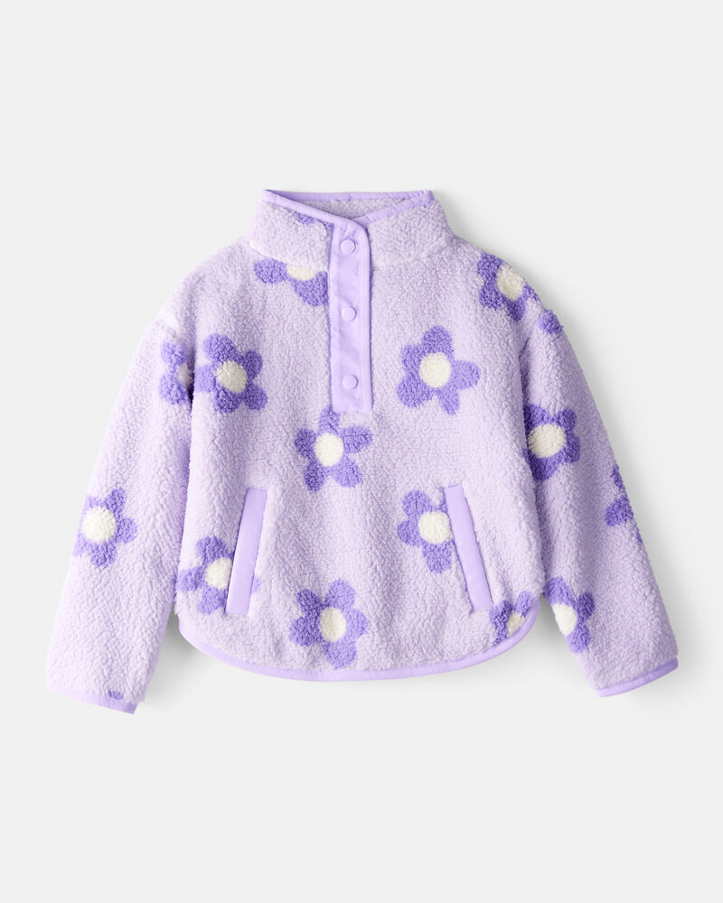 Toddler Girl Floral Sherpa Quarter-Zip Pullover - Purple, image 1 of 3 slides