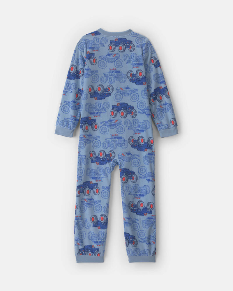 Boys Monster Truck Fleece Loose Fit 1-Piece Pyjama - Blue, image 2 of 4 slides