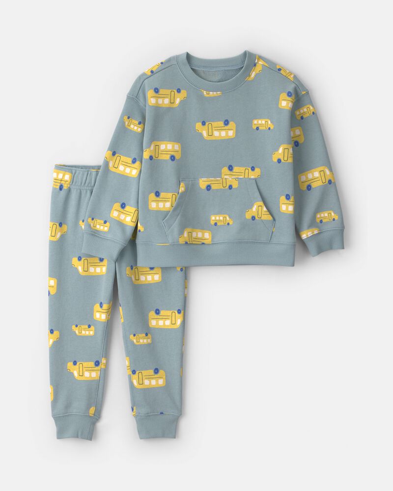 Tout-petit gar&ccedil;on - Ensemble 2 pi&egrave;ces haut et pantalon en jersey bouclette &agrave; motif autobus scolaire - Gris/Jaune, image 1 sur 3 diapositives