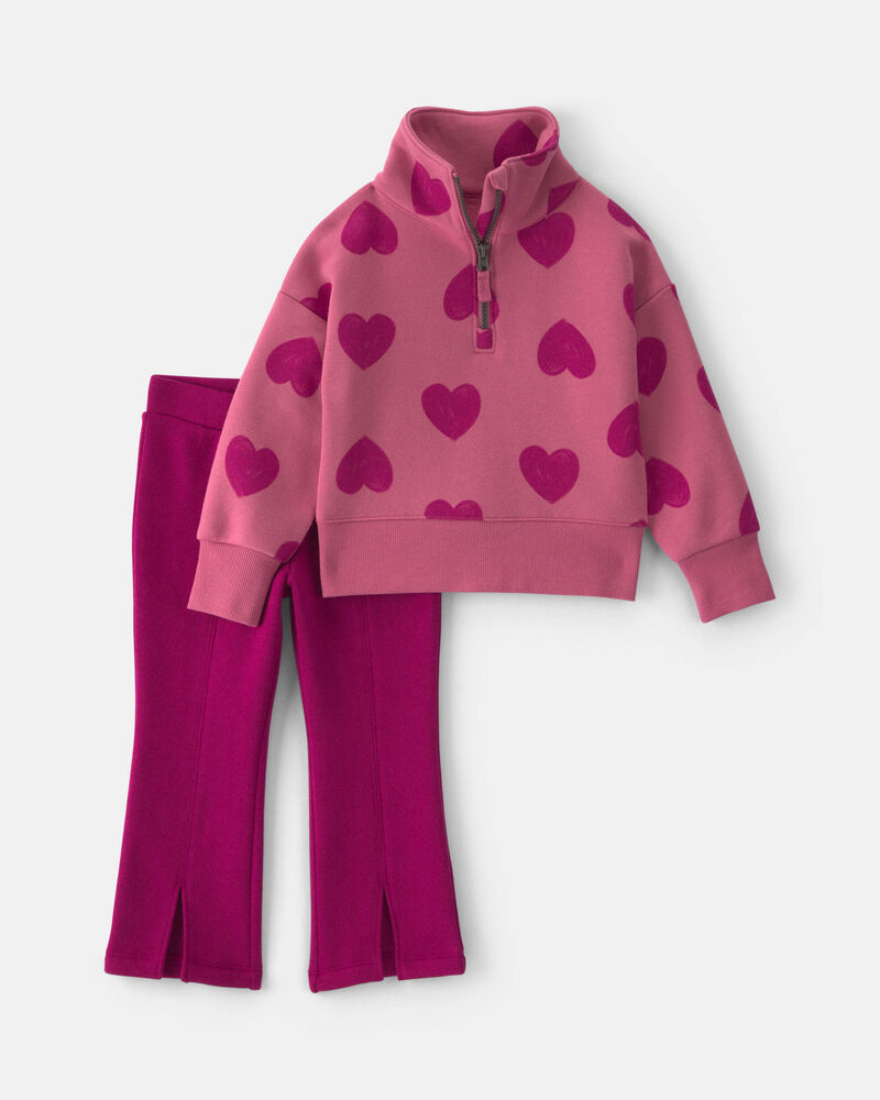 Toddler Girl 2-Piece Heart Fleece Quarter-Zip & Pant Set &ndash; Pink, image 1 of 5 slides