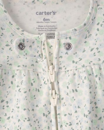 Baby Girl Floral 2-Way Zip 100% Cotton Sleeper - Green/Ivory, 