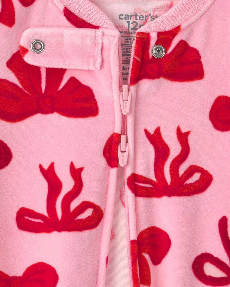 Baby Girl 1-Piece Bows 2-Way Zip DreamPlush Snug Fit Footed Pyjama - Pink, image 3 of 5 slides