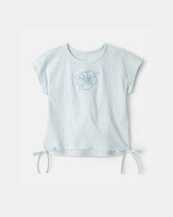 Girls Embroidered Flower Crinkle Top - Blue, 
