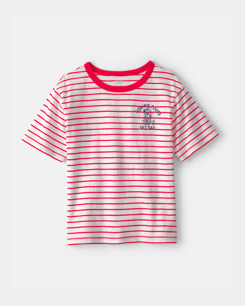 Gar&ccedil;ons - T-shirt &agrave; rayures &agrave; imprim&eacute; nautique - Rouge/Ivoire, image 1 sur 4 diapositives