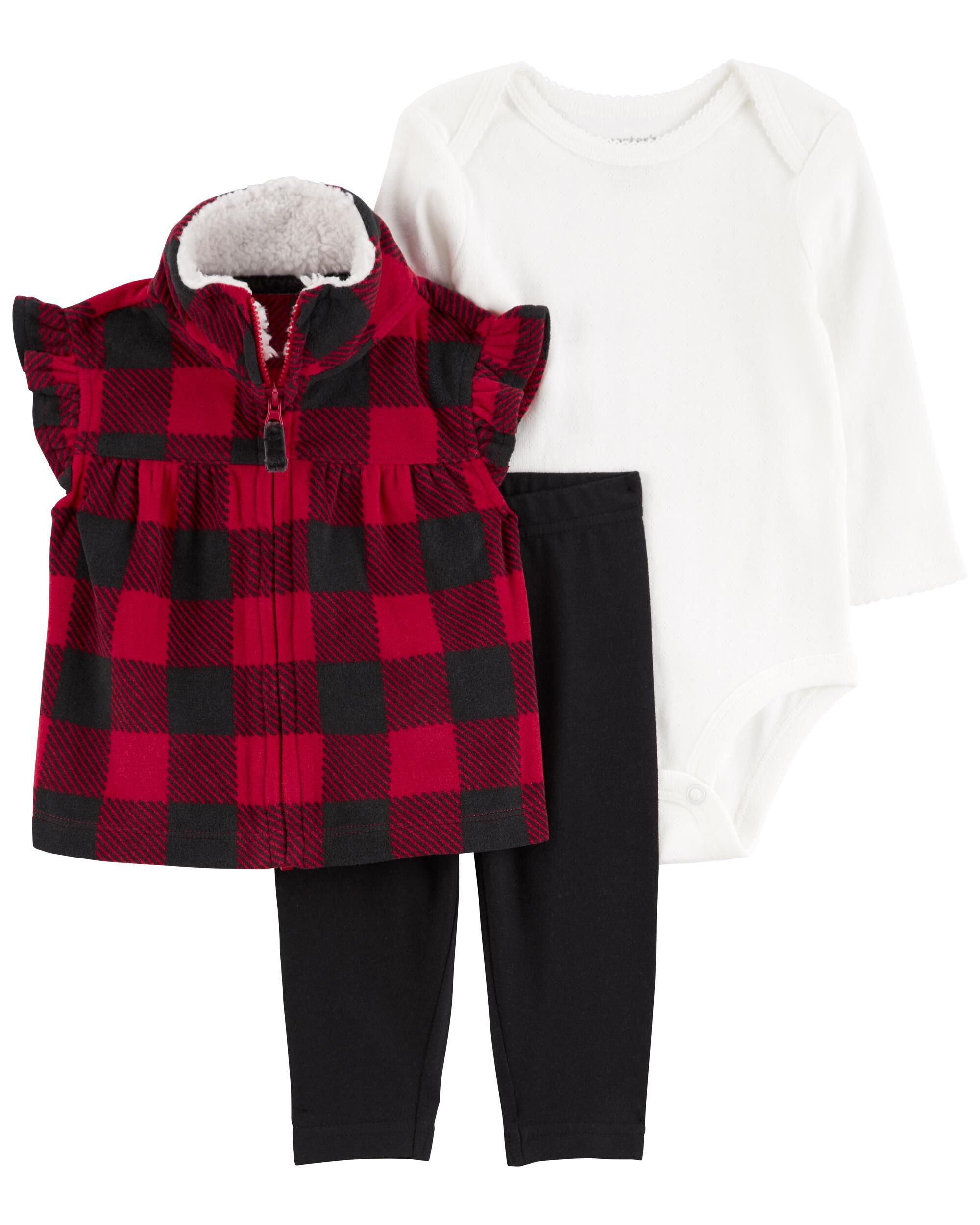 Baby Girls Baby 3 Piece Buffalo Check Fleece Little Vest Set 9M Carter s