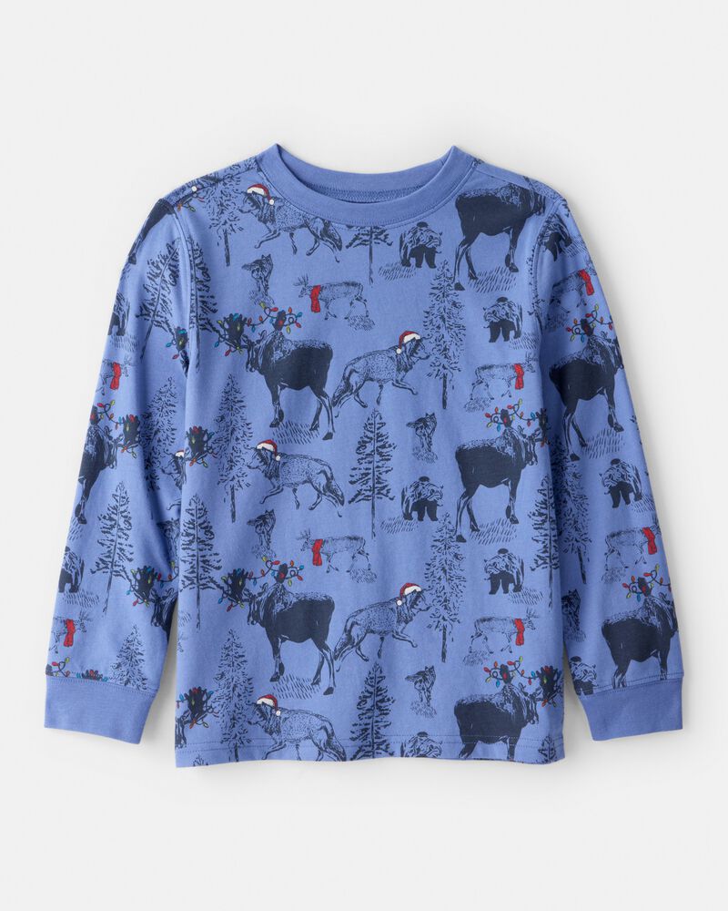 Boys Reindeer Print Long-Sleeve Graphic Tee - Blue, image 1 of 3 slides