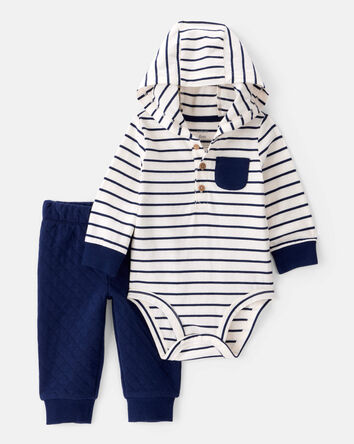 Bébé garçon - Ensemble 2 pièces cache-couche rayé à manches longues et capuchon et pantalon - Blanc, marine, 