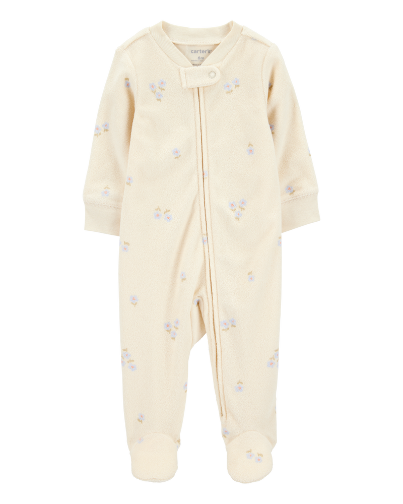 Baby Floral Print 2-Way Zip Terry Sleeper Pyjamas - Ivory, image 1 of 3 slides