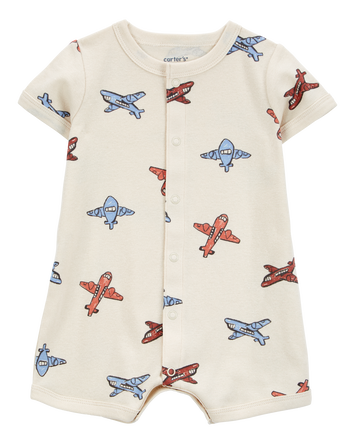 Baby Airplane-Print Ribbed Short-Sleeve Romper - Cream, 