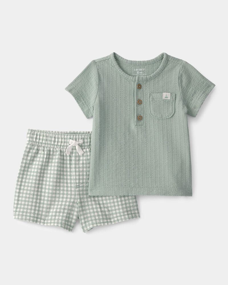 Baby 2-Piece Gingham Top & Short Set - Green, image 1 of 6 slides