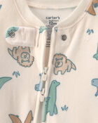 Baby Boy 1-Piece Dino 2-Way Zip DreamPlush Snug Fit Footed Pyjama - Cream, image 3 of 5 slides