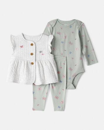 Baby Girl 3-Piece Butterfly Vest Outfit Set - Green, 
