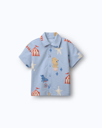 Toddler Boy Button-Down Short-Sleeve Shirt in Circus Print - Blue, 
