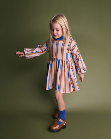 Toddler Girl Balloon-Sleeve Dress in Stripes - Pink/Brown/Blue, 