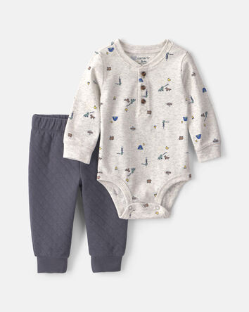 B&eacute;b&eacute; gar&ccedil;on - Ensemble 2 pi&egrave;ces cache-couche manches longues &agrave; motif camping et pantalon - Gris, 