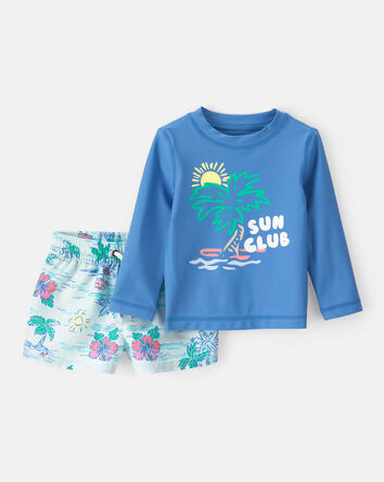 Baby Boy 2-Piece Beach Tropical Long-Sleeve Rashguard Trunk Set - Blue, 