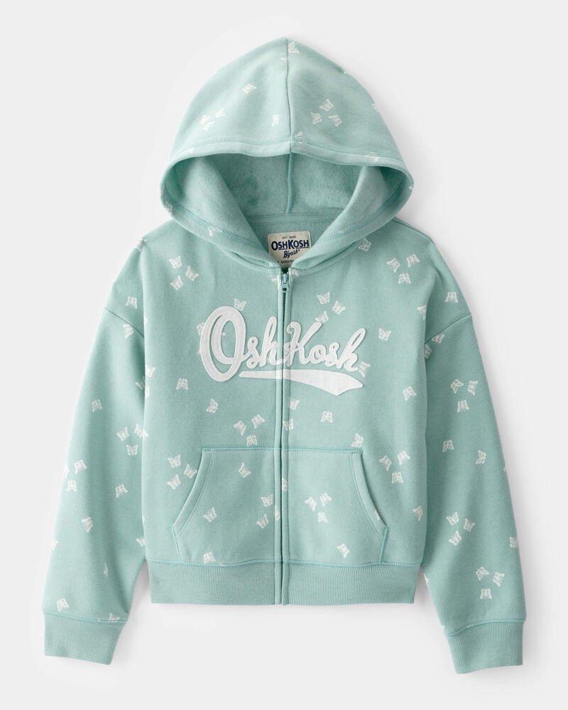 Girls Butterfly Print Fleece Hooded Jacket - Green, image 1 of 3 slides