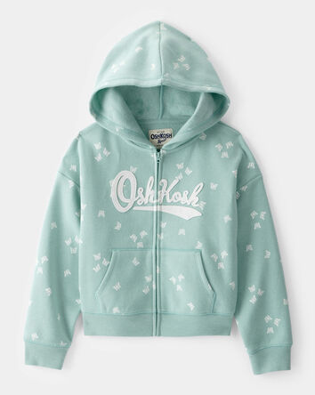Girls Butterfly Print Fleece Hooded Jacket - Green, 