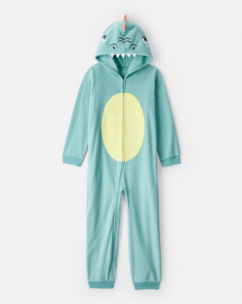 Garçons - Pyjama une pièce à capuchon, manches longues, coupe ample, fermeture à glissière et motif dinosaure – Bleu, 
