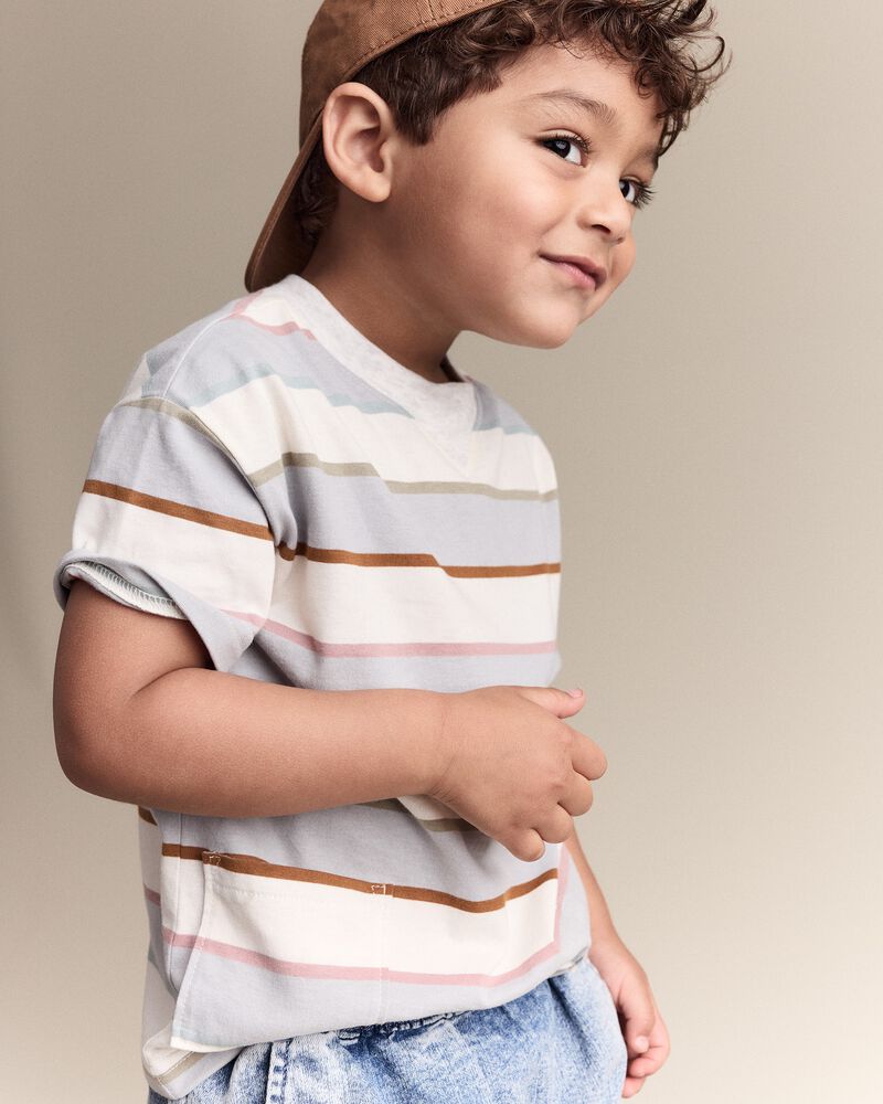 Toddler Boy Striped Short-Sleeve Otter Pocket Tee - Cream/Light Blue, image 1 of 7 slides