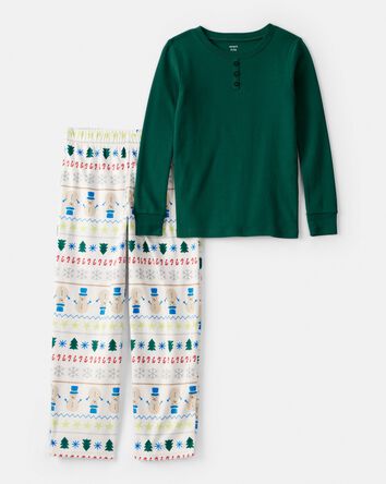 Kid Christmas Fair Isle Cotton Long-Sleeve Snug Fit 2-Piece pyjamas - Green/White, 