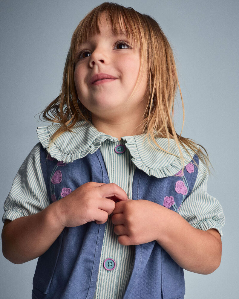 Toddler Girl Embroidered Cropped Vest with Otter Pockets - Slate Blue, image 5 of 6 slides