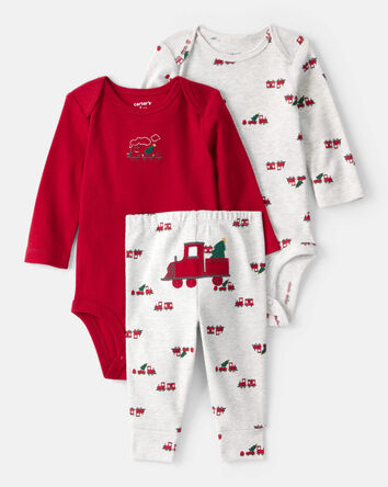 Baby Boy 3-Piece Train Print Long-Sleeve Bodysuits & Pant Set - Red, 