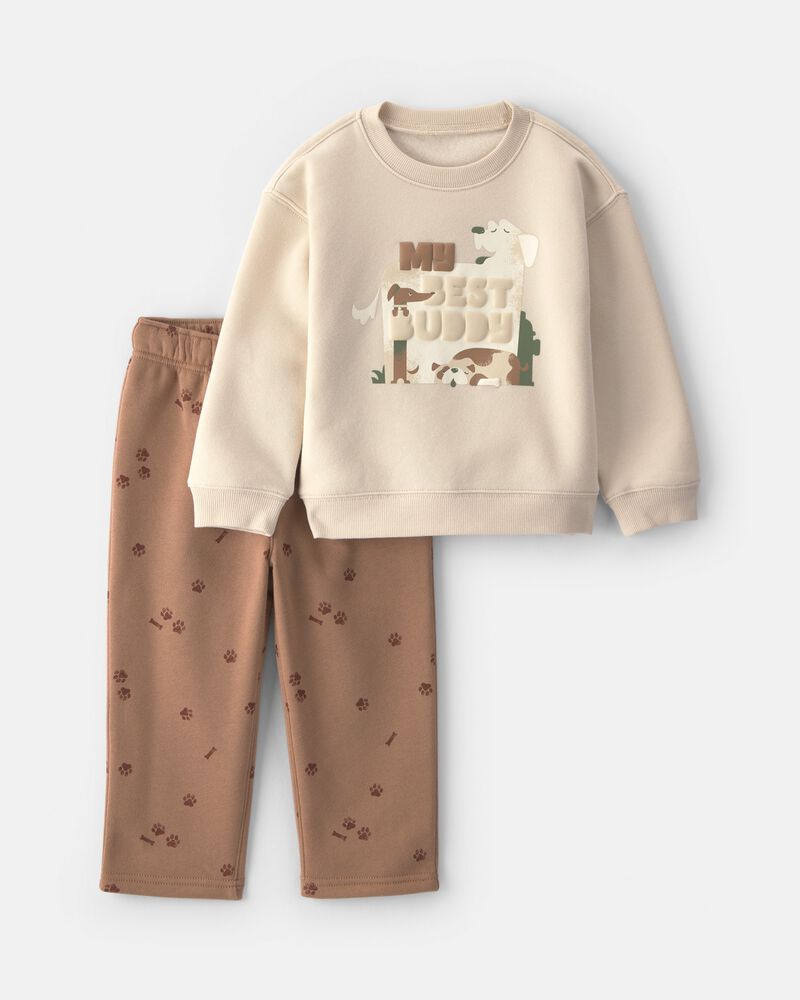 Toddler Boy 2-Piece 'My Best Friend' Dog Fleece Top & Pant Set - Cream/Brown, image 1 of 6 slides