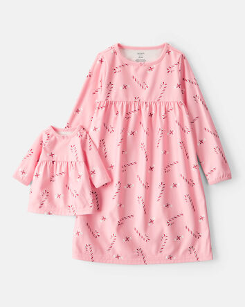 Girls 2-Piece Pink Peppermints Long-Sleeve Loose Fit Night Gown & Matching Doll Gown - Pink, 