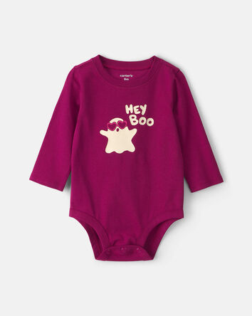 Baby Girl 'Hey Boo' Ghost Long-Sleeve Graphic Bodysuit - Burgundy, 