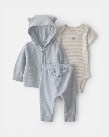B&eacute;b&eacute; - Ensemble 3 pi&egrave;ces &agrave; superposer, haut &agrave; manches courtes en tissu &eacute;ponge &agrave; motif ourson - Bleu, 