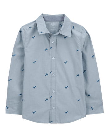 Kid Long-Sleeve Dinosaur Print Chambray Button-Down Shirt - Blue, 