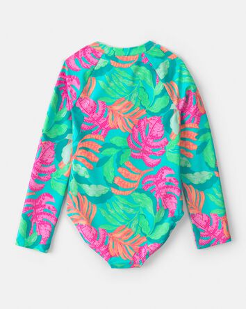 Girls Tropical Long-Sleeve 1-Piece Rashguard Swimsuit - Teal, 