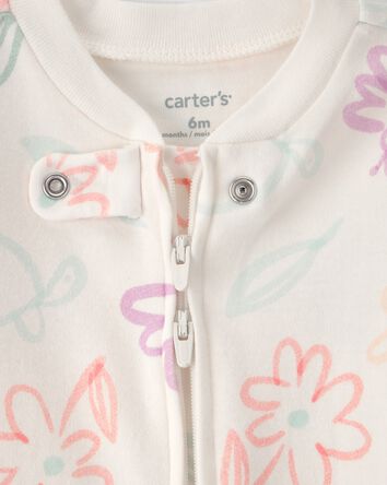 Baby Girl Spring Floral 2-Way Zip 100% Cotton Sleeper - Ivory, 