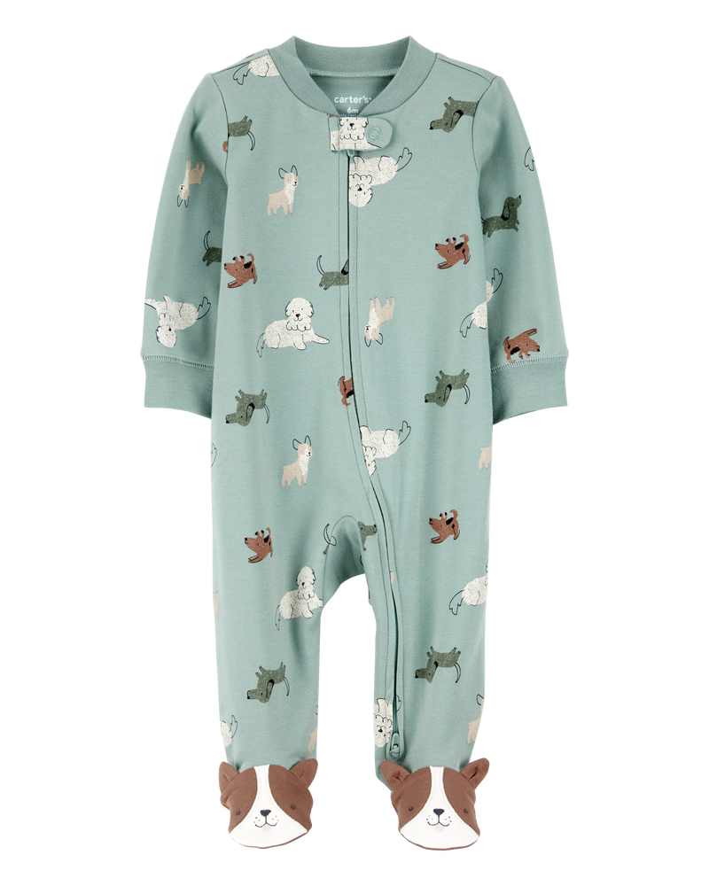 Baby Boy Dog Print 2-Way Zip Cotton Sleeper, image 1 of 4 slides