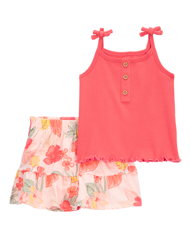 Bébé Ensemble 2 pièces débardeur côtelé et jupe-short à fleurs - Rose, image 1 sur 5 diapositives