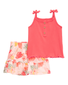 Bébé Ensemble 2 pièces débardeur côtelé et jupe-short à fleurs - Rose, image 1 sur 5 diapositives