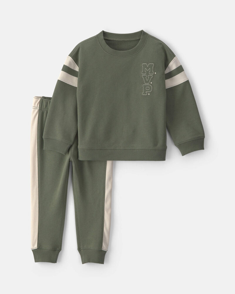B&eacute;b&eacute; gar&ccedil;on - Ensemble 2 pi&egrave;ces haut manches longues et pantalon en jersey bouclette &agrave; broderie &laquo;MVP&raquo; &ndash; Vert olive, image 1 sur 4 diapositives
