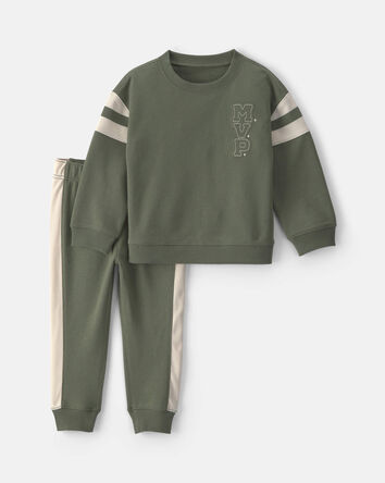 B&eacute;b&eacute; gar&ccedil;on - Ensemble 2 pi&egrave;ces haut manches longues et pantalon en jersey bouclette &agrave; broderie &laquo;MVP&raquo; &ndash; Vert olive, 