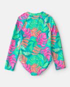 Girls Tropical Long-Sleeve 1-Piece Rashguard Swimsuit - Teal, image 2 of 4 slides