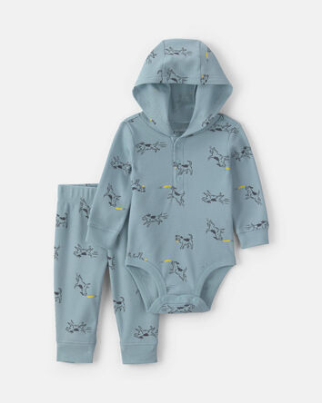 B&eacute;b&eacute; gar&ccedil;on - Ensemble 2 pi&egrave;ces cache-couche isotherme manches longues &agrave; motif chien et pantalon - Bleu, 