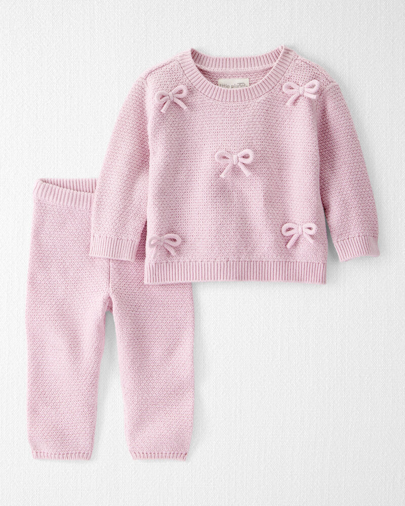 Baby Girl 2-Piece Organic Cotton Bow Knit Sweater & Pant Set, image 1 of 3 slides